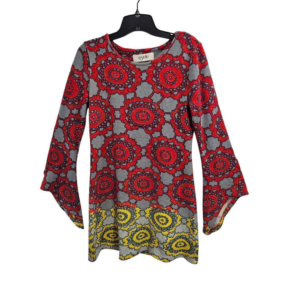 Estelle 60s Style All Over Print Round Neck Flare Sleeve A-line Dress Size Small